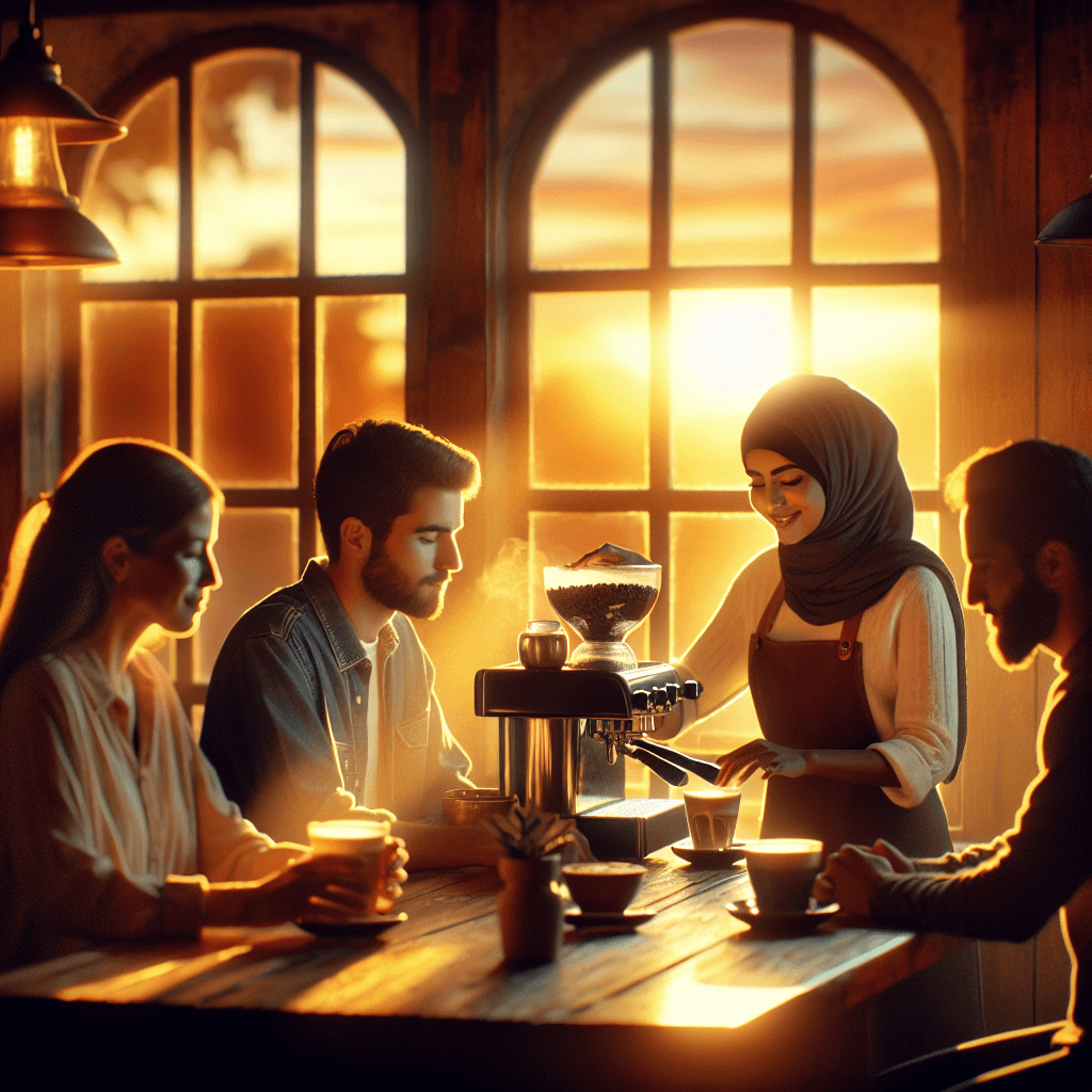 DALL-E 4 — A cozy cafe at sunset, warm golden light