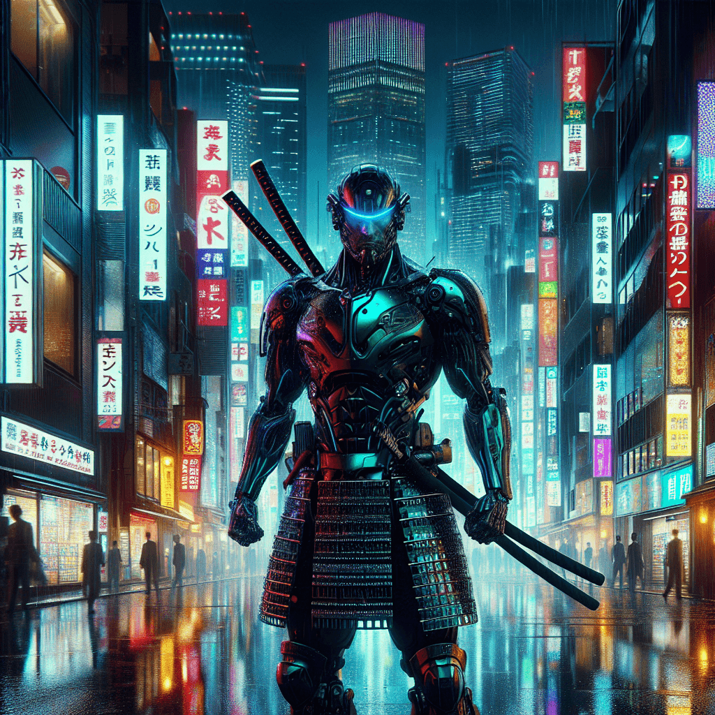 DALL-E 4 — A cyberpunk samurai in neon-lit Tokyo streets