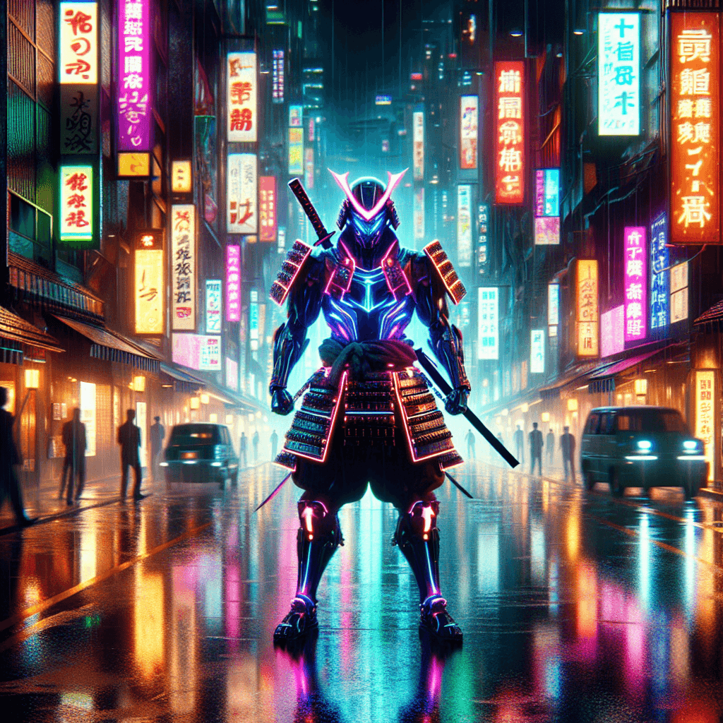 Midjourney — A cyberpunk samurai in neon-lit Tokyo streets