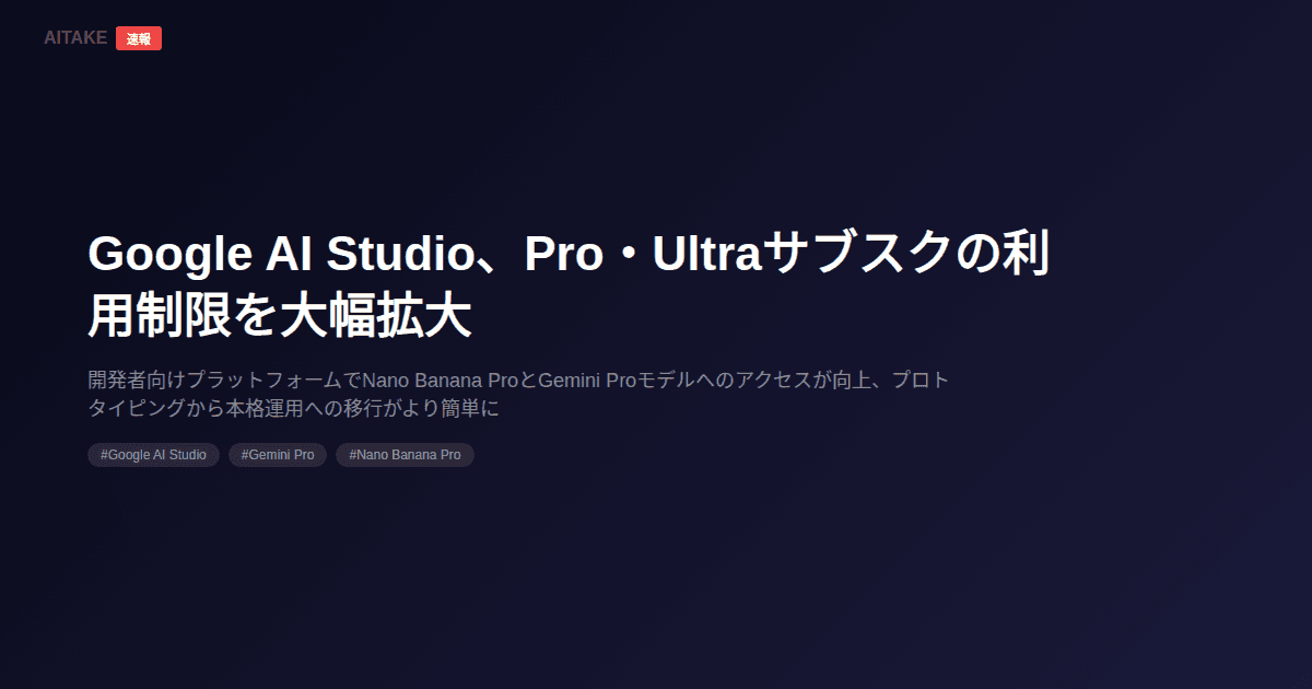 Google AI Studio、Pro・Ultraサブスクの利用制限を大幅拡大