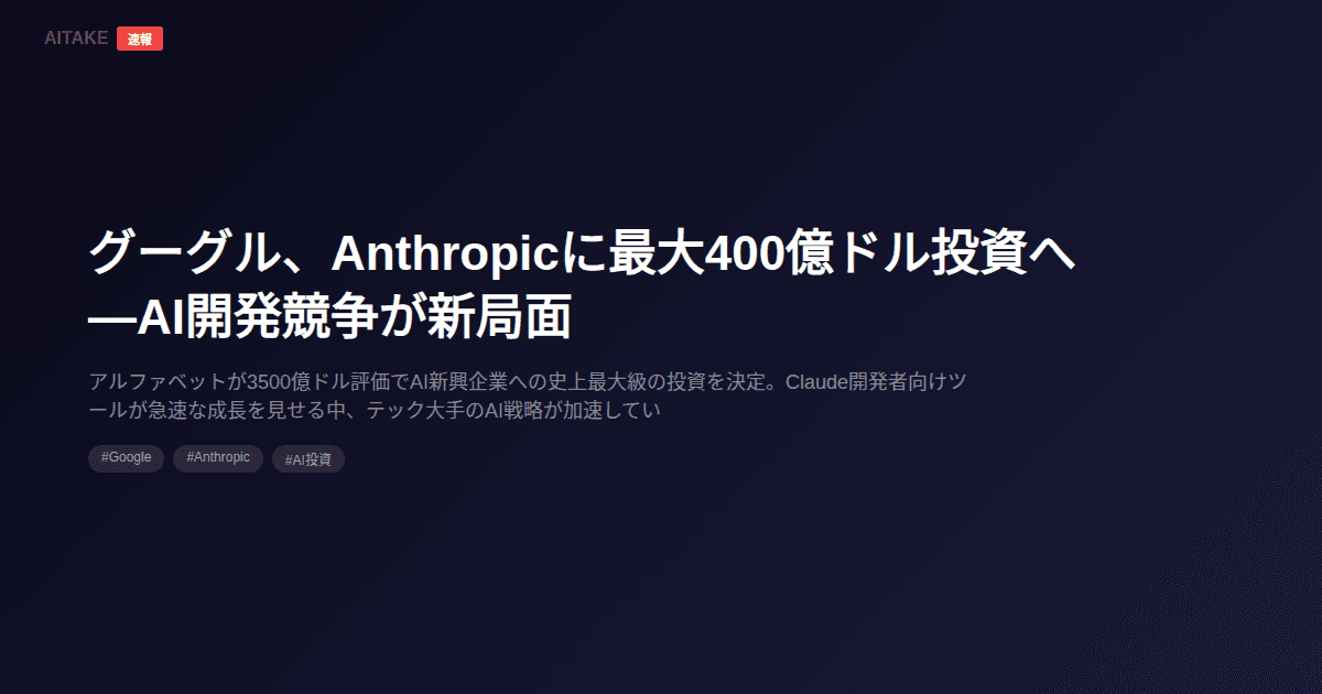 グーグル、Anthropicに最大400億ドル投資へ—AI開発競争が新局面
