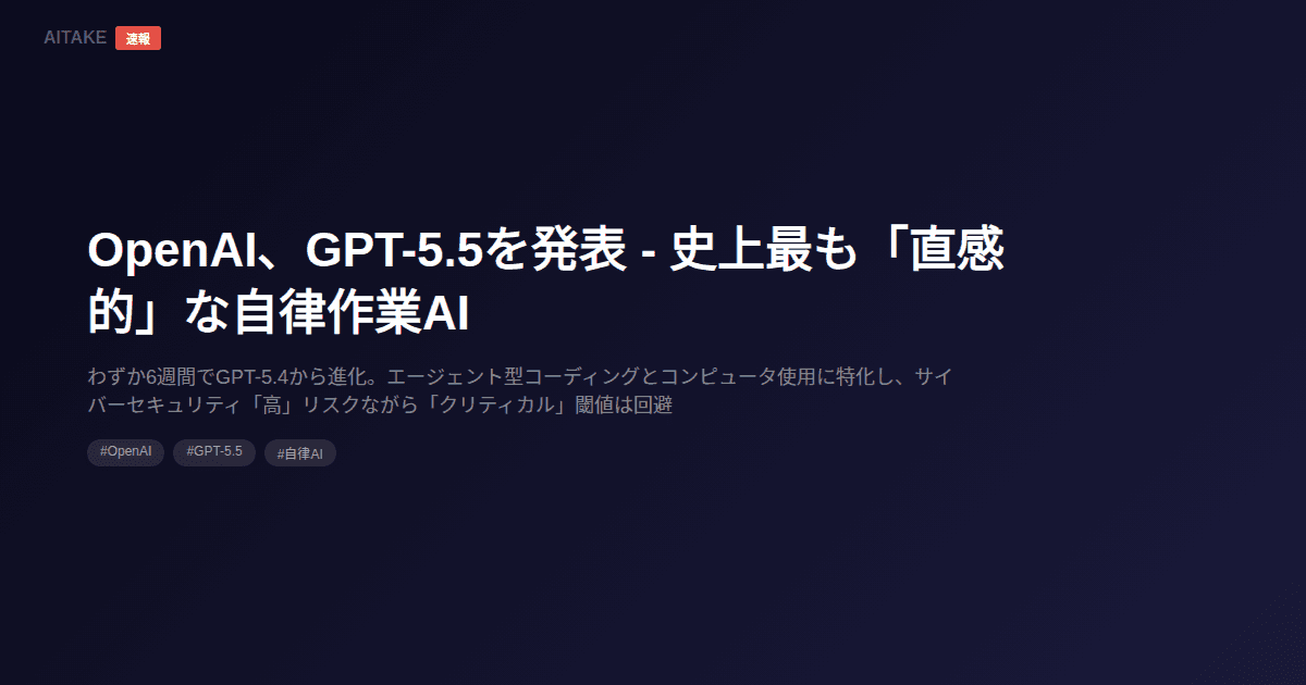 OpenAI、GPT-5.5を発表 - 史上最も「直感的」な自律作業AI