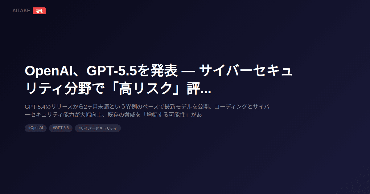 OpenAI、GPT-5.5を発表 — サイバーセキュリティ分野で「高リスク」評価