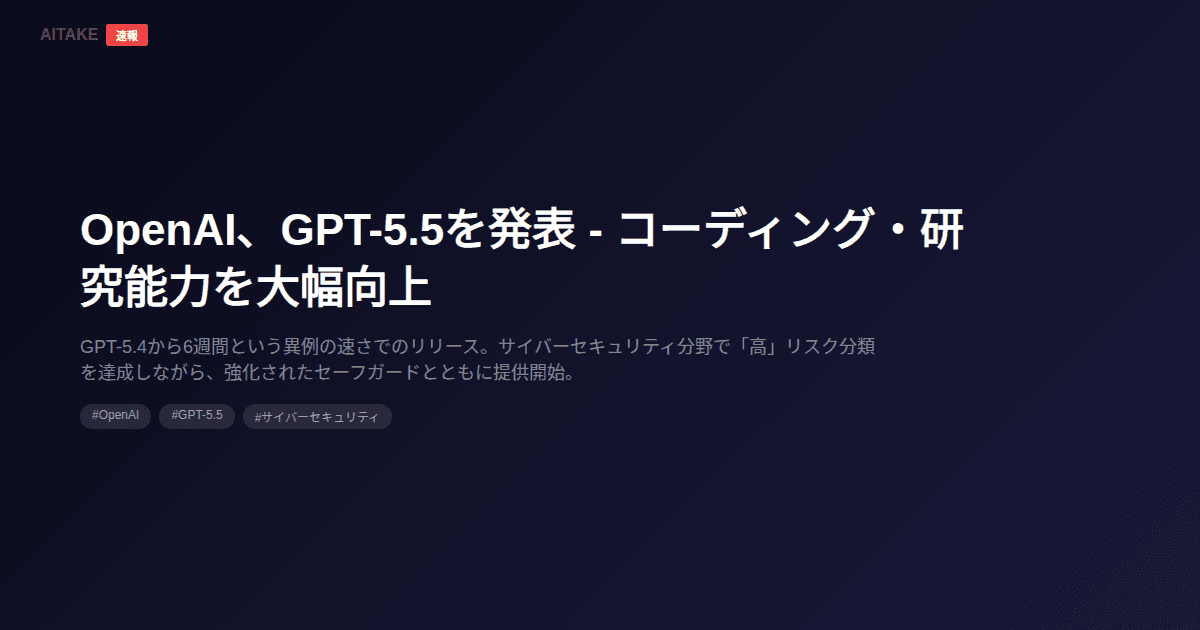 OpenAI、GPT-5.5を発表 - コーディング・研究能力を大幅向上
