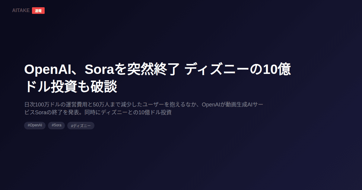 OpenAI、Soraを突然終了 ディズニーの10億ドル投資も破談