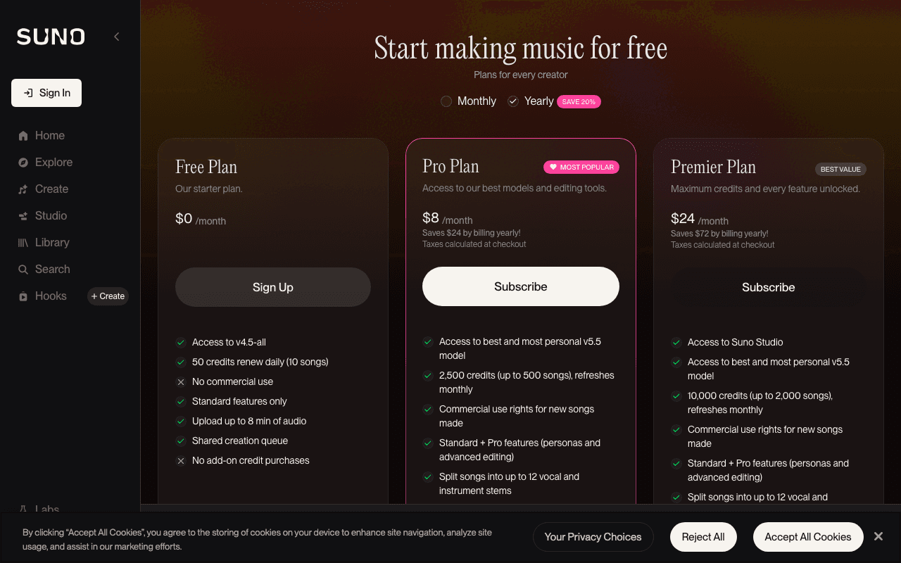 Suno — pricing