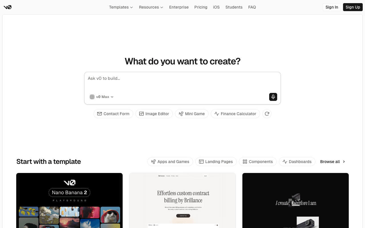 v0 by Vercelのトップページ